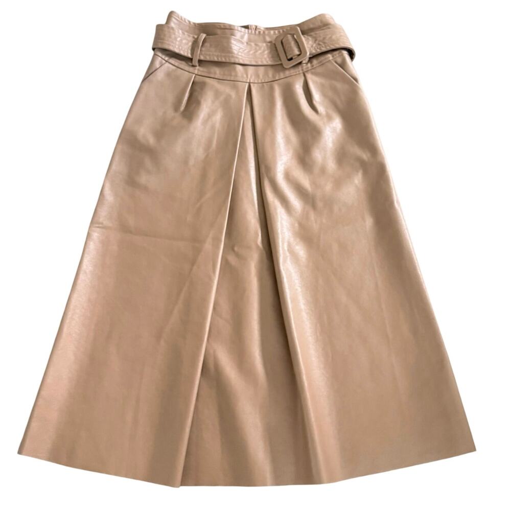 Alex Vinash Belted Faux Leather Pleated Midi Skirt Size Small